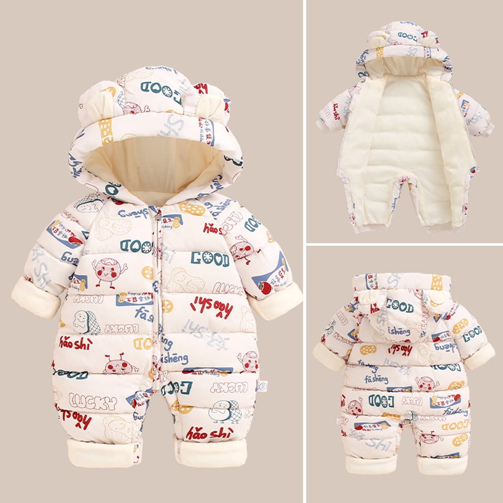 LYMAYTER Unisex Newborn Hooded Onesies Girls Fall Winter Printed Rompers Infant Cotton Long Sleeve Warm One-Piece for 0-24M