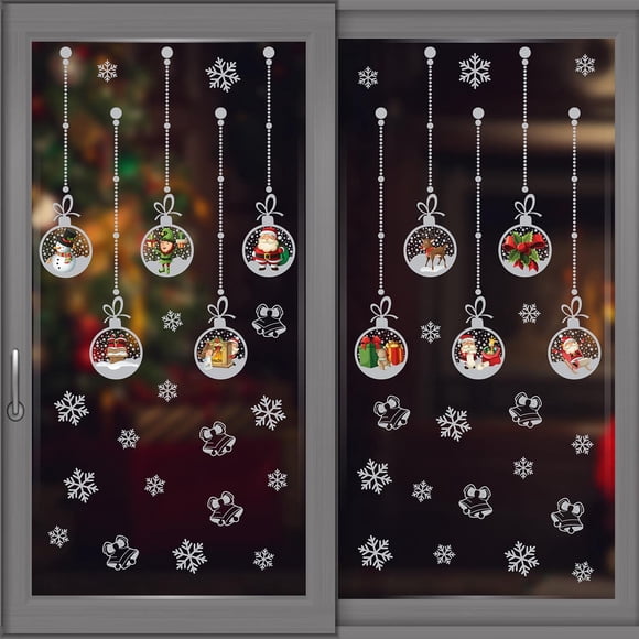 WALPLUS Autocollants de Fenêtre de Noël Décorations de Noël Liquidation Autocollant Mural de Noël Réutilisable Double Face Amovible pour Verre Salon Ornements de Noël Argent Mat 45 Pcs