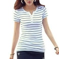 thumbnail image 1 of Women Striped T Shirt Button V Neck Top Cotton Slim Basic Short Sleeve Tees Cotton Slim Basic Top, 1 of 4