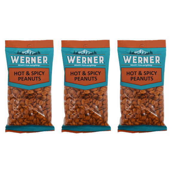 Werner Hot and Spicy Peanuts - 7 oz. Bag (Pack of 3) - Peanuts with a Kick!