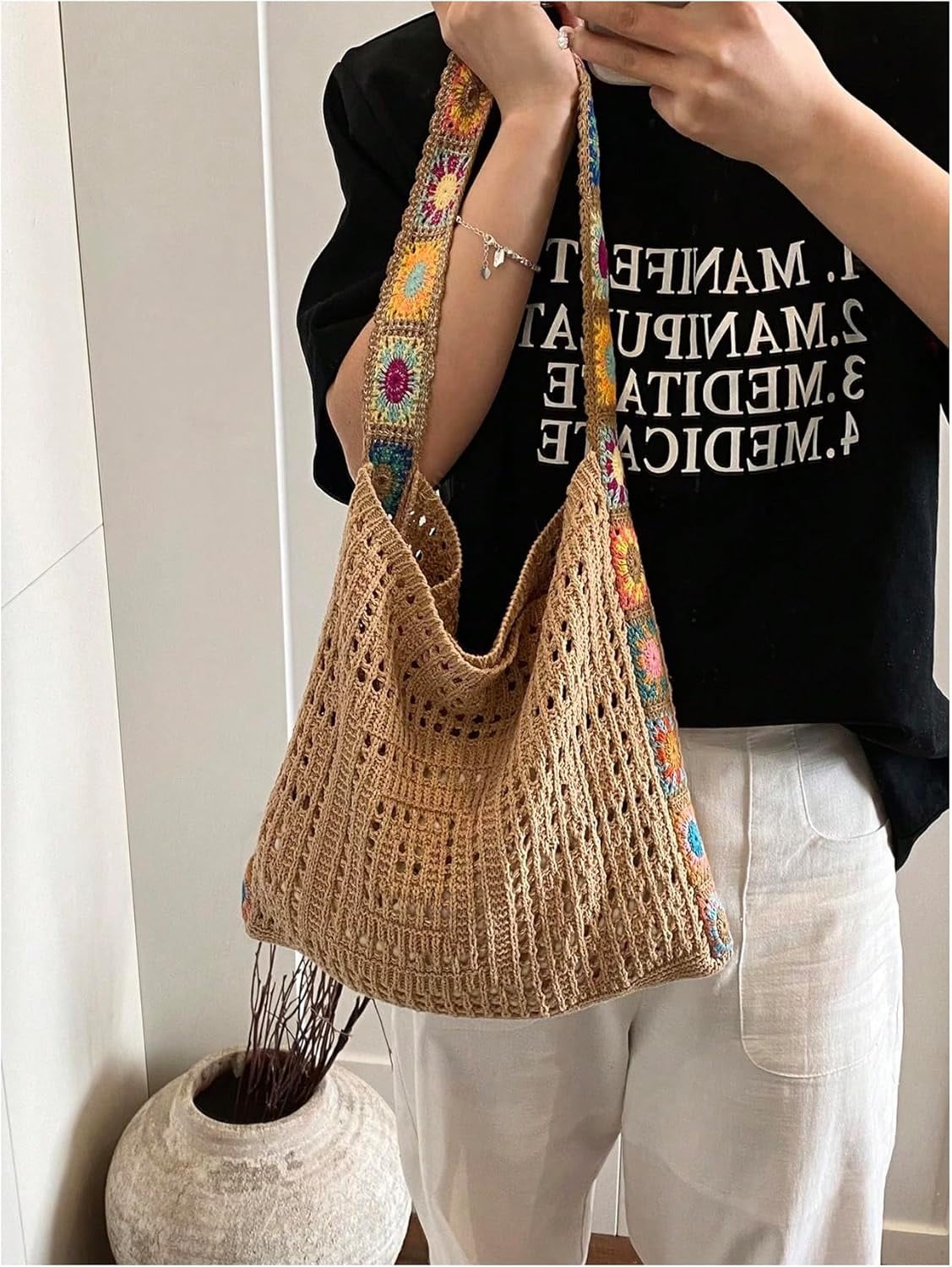 CAILDANL Women's Boho Embroidery Crossbody Bag Hollow Out Crochet Knit Shoulder Bag Tote Handbag