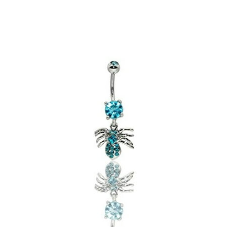 Multi Stone Dangle - Spider Multi Gem Dangle Hypoallergenic Surgical Steel Rhodium Plated 14G 3/8 bar length Belly Button Ring With Cubic Zirconia (Light Blue)