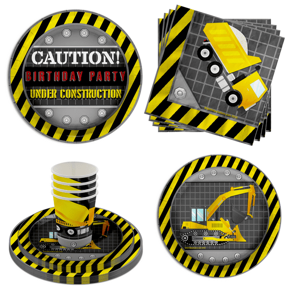 Caution Under Construction Party Supplies - Truck Party Supplies - Dump Truck Birthday Party Supplies 64 Piece Tableware Set Includes Large 9" Paper Plates Dessert Plates, Cups and Napkins Kit for 16