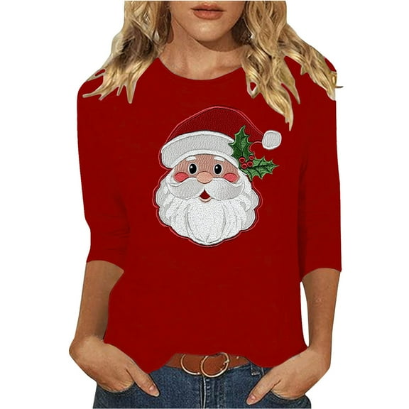 asdoklhq Long Sleeve Tops Christmas Ladies' Christmas Round Neck 3/4 Sleeve T-shirt Shirt Red L