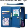 thumbnail image 2 of Case for iPhone XR, Glossy PU Leather 9 Card Slots Magnetic Closure Detachable Wrist Strap Zipper Wallet Shockproof Removable Back Cover Case - Blue, 2 of 8