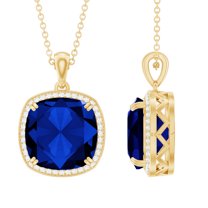 Rosec Jewels Cushion Cut Lab Grown Blue Sapphire Pendant with Diamond Halo for Women, 10K Yellow Gold