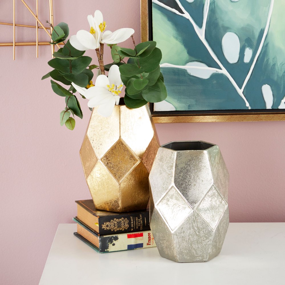 CosmoLiving Small, Round Metallic Gold & Silver Geometric Metal Vases