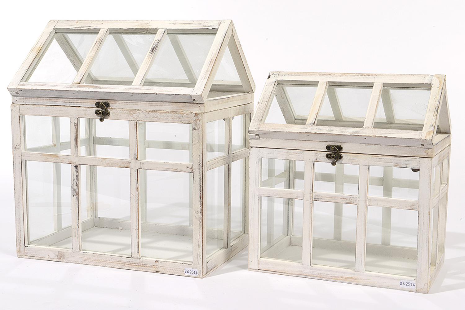 Set of 2 French Countryside Distressed White Wash Wooden Terrarium
