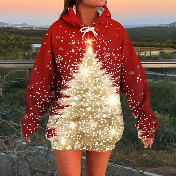 Weiqiqre Christmas Sweatshirts for Women Plus Size Drawstring Graphic Hoodie Loose Preppy Sweatshirt with Pocket Womens Pullover