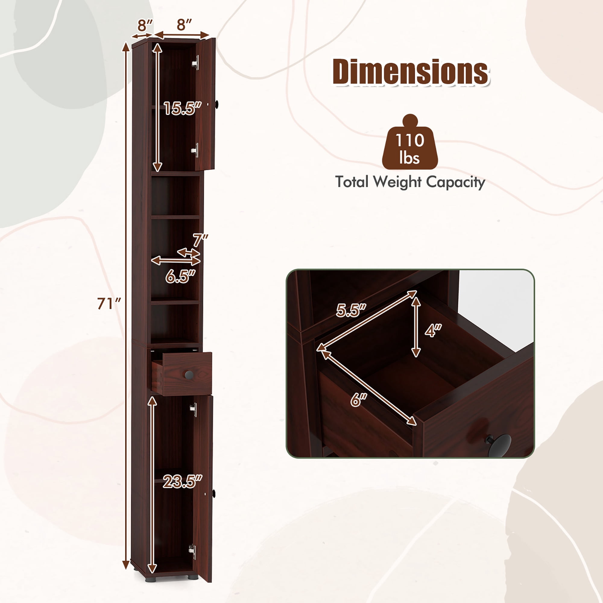 Gymax Tall Slim Bathroom Storage Cabinet Linen Tower w/Drawer Adjustable Shelves Brown