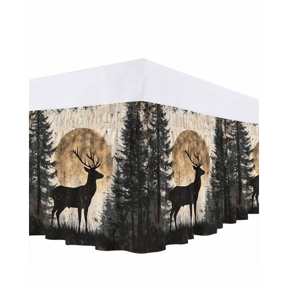Deer Bed Skirt King Size 16" Drop Elk Silhouette Forest Vintage Ruffled Wrap Around Bed Skirts Adjustable Elastic Bedskirt Dust Ruffle for King Size Bed