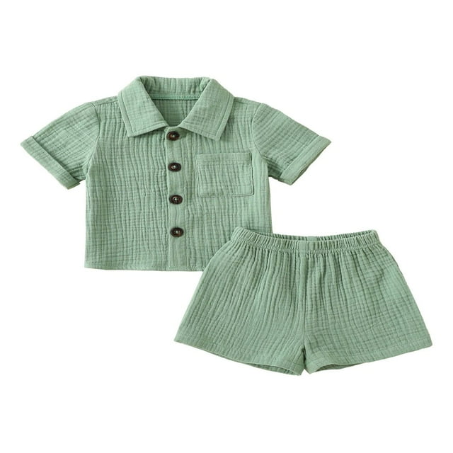 PENGXIANG Baby Boy Cotton Linen Clothes Set Summer Casual Solid Color Short Sleeve Button Shirt With Pocket+Shorts Outfits