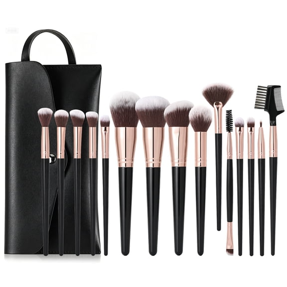 Livhil 15pcs Makeup Brushes Set Professional, Premium Makeup Brushes Kit Set, Eyeshadow Brushes with PU Leather Pouch (Black Gold)