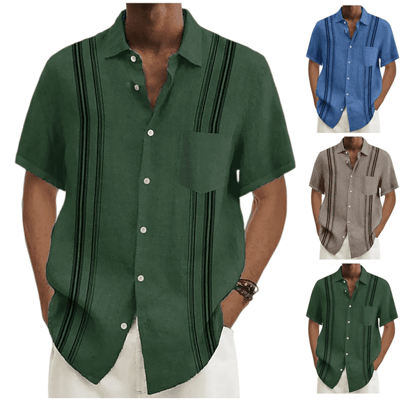 LRGSHF Men's Short Sleeve Button Down Shirts Daily Stripe Tops Summer Soft Holiday Shirt with Pocket Beach Novelty Wear