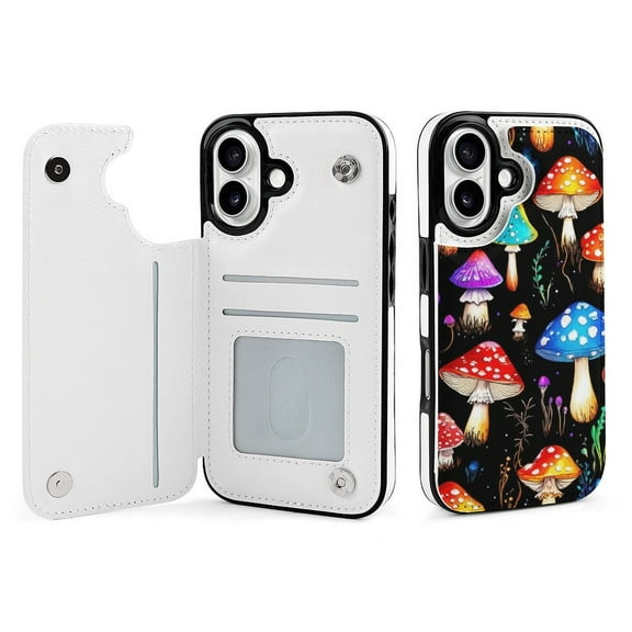 Compatible with iPhone 11 12 13 mini 14 15 16 Pro Max Plus Wallet Case with Card Holder, PU Leather Kickstand Card Slots Case ( Fantasy Mushroom, iPhone 16)