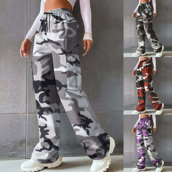 PXLKNZH Wide Leg Pants Woman Trendy Camo Print High Waisted Straight Pants Casual Loose Fit Drawstring Workout Cargo Pants Brown,XXL