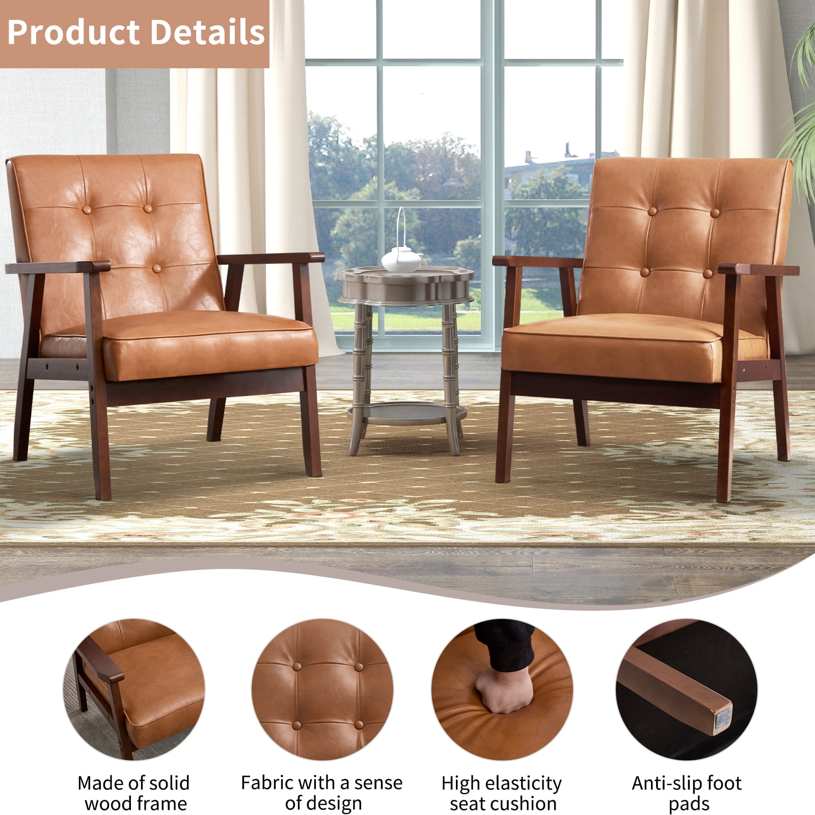 Bonzy Home Accent Chair Set of 2 Mid Century Modern PU Leather Armchair with Wood Frame for Living Room Bedroom Study Room, Easy Assembly, Brown