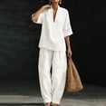 thumbnail image 3 of ShomPort Summer Lounge Outfits for Women Cotton Linen V Neck Half Sleeve Blouses Baggy Pants with Pockets Casual Sets, 3 of 7