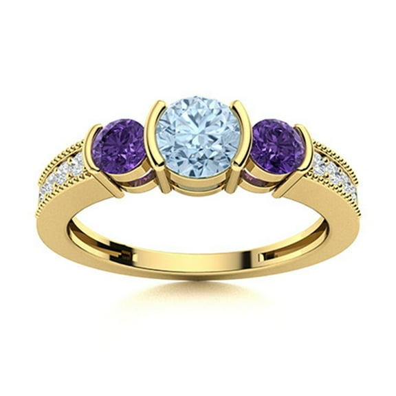 Semi Bezel Set 4mm Round Aquamarine & Sapphire 925 Sterling Silver Gold Vermeil Women Gifts Ring