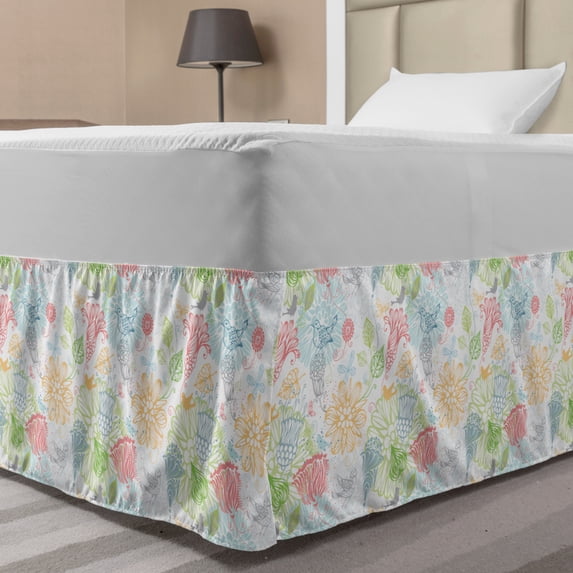 Birds Bed Skirt, Soft Pastel Colored Damask Stencil Technique Pattern of Spring Flowers and Birds, Elastic Bedskirt Dust Ruffle Wrap Around for Bedding Decor, 4 Sizes, Multicolor, by Ambesonne