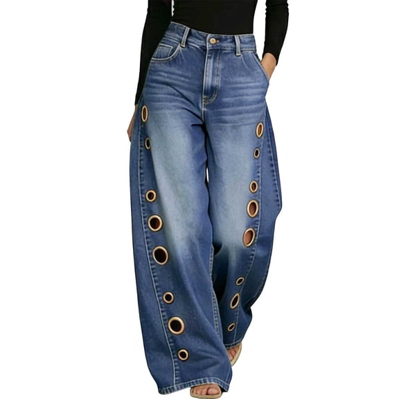 ZToonmas Women's High Waist Wide Leg Jeans Vintage Wash Denim Pants with Metal Eyelet for Streetwear
