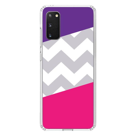 DistinctInk Clear Shockproof Hybrid Case for Galaxy S20 ULTRA / 5G (6.9" Screen) - TPU Bumper, Acrylic Back, Tempered Glass Screen Protector - Purple Pink Block Grey Chevron - Stripes Pattern