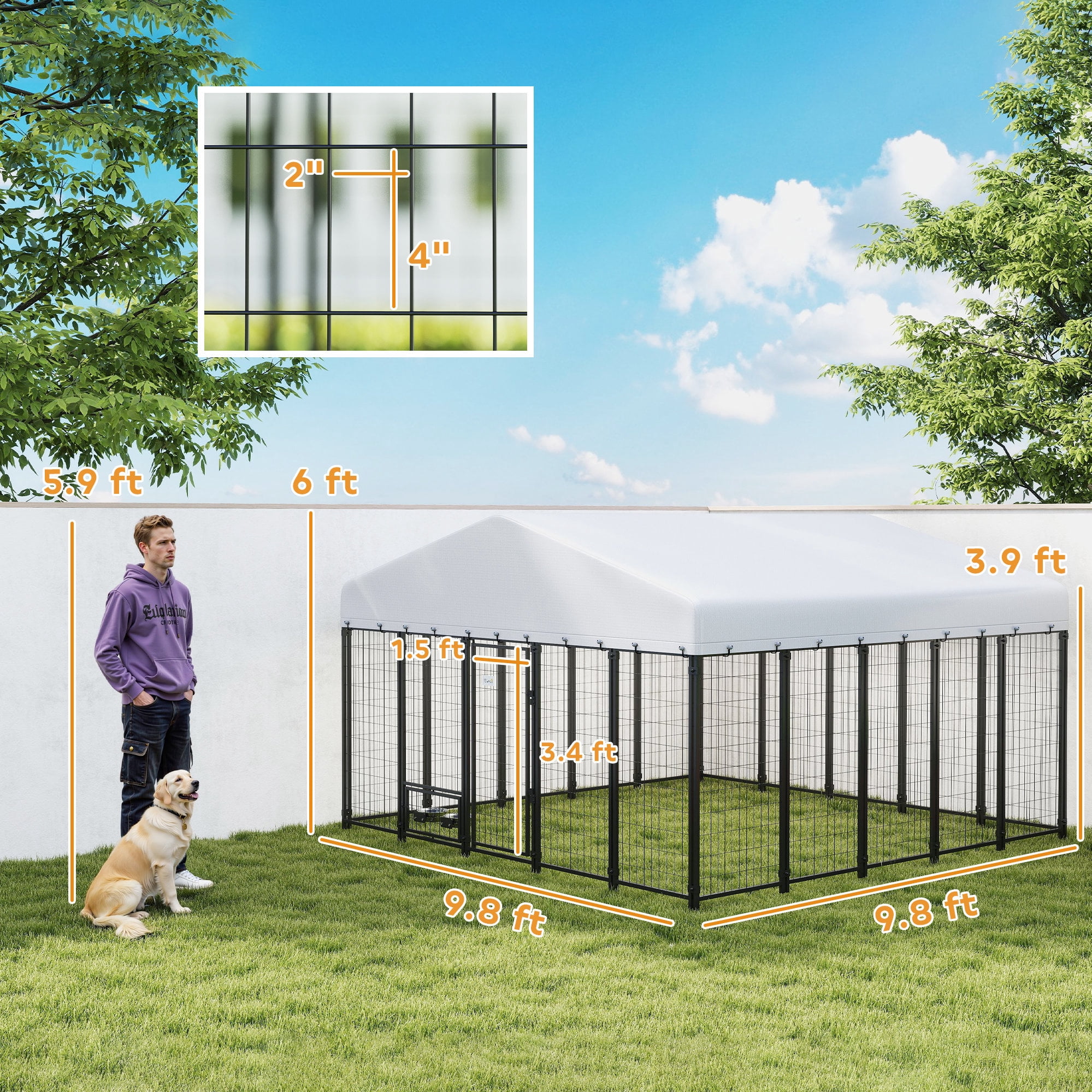 PawHut Outdoor Dog Kennel, Welded Wire Dog Run with 360° Rotating & 4 Levels Adjustable Bowls, Waterproof & UV Resistant Cover, 9.8' x 9.8' x 6.8'