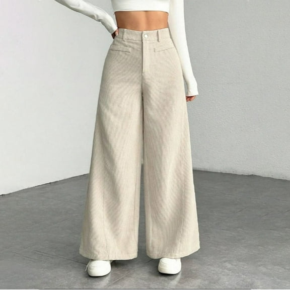 Zedker Soft Corduroy Casual High Waist Wide-Leg Button Sweatpants with Pockets, Comfortable Fall and Winter Long Thermal Pants,Beige,L