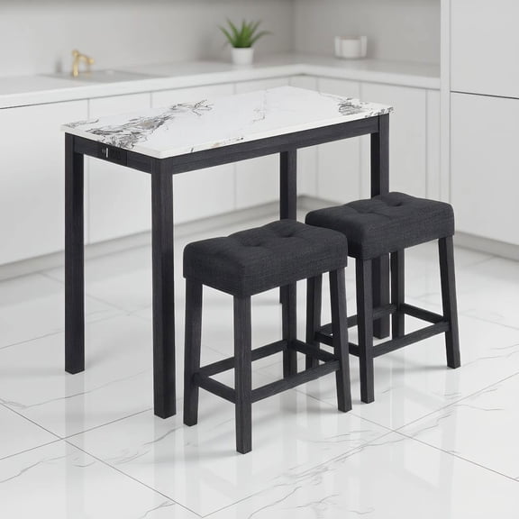 Resenkos 3-Piece Bar Table Set with Charging Station, Faux Marble Top Pub Table Set with Upholstered Stools for Kitchen Island,Home Pub, White and Gray
