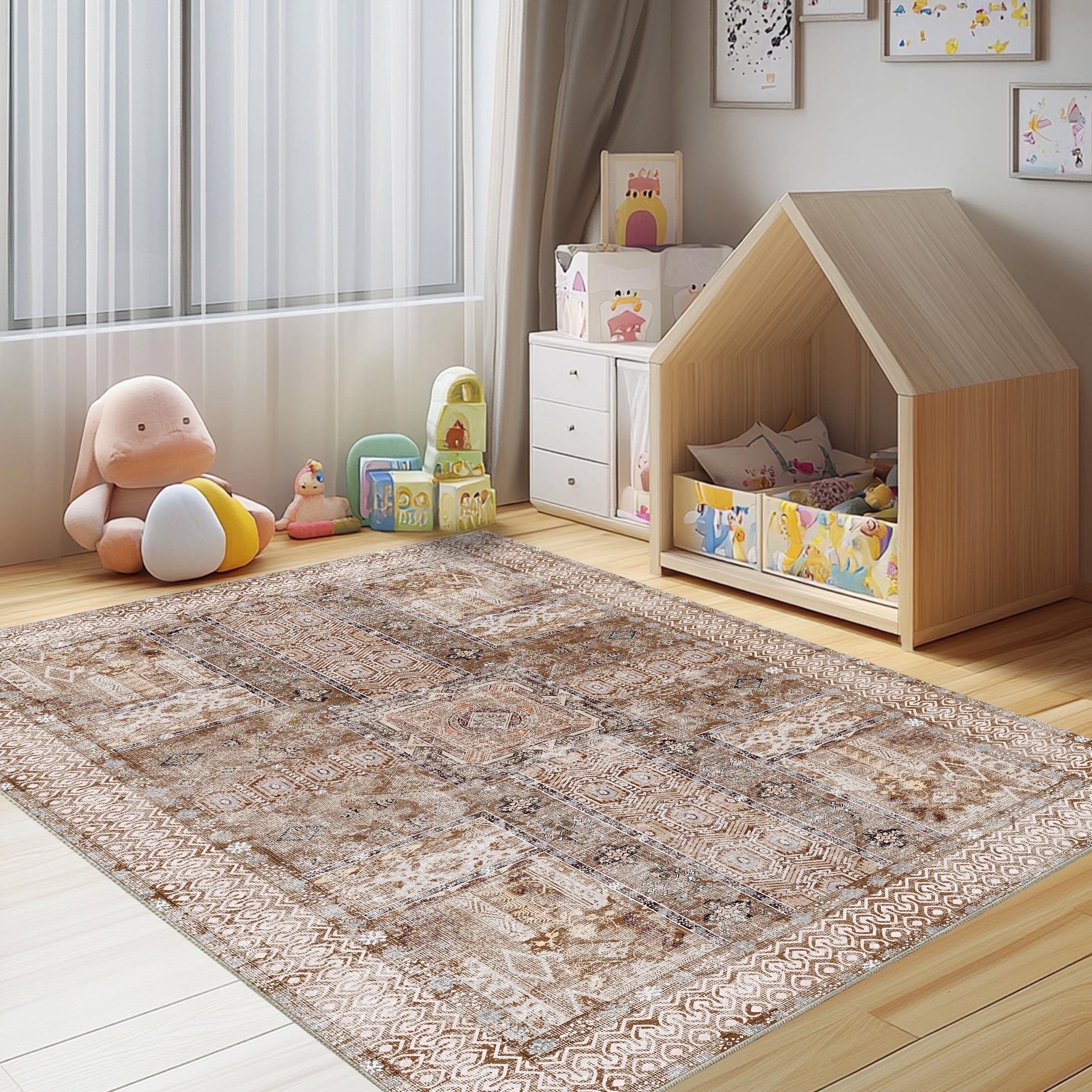 Socofuz Vintage Print Area Rug, Washable Floor Carpet Suitable for Bedroom, Living Room, Floor room, Dining room, Light Brown, 5' x 7'
