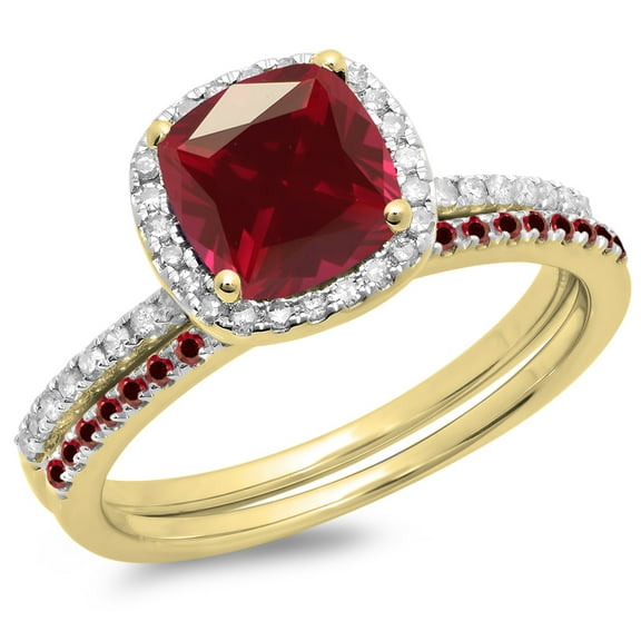 Dazzlingrock Collection 18K Cushion & Round Ruby & Round White Diamond Bridal Engagement Ring Set, Yellow Gold, Size 8.5