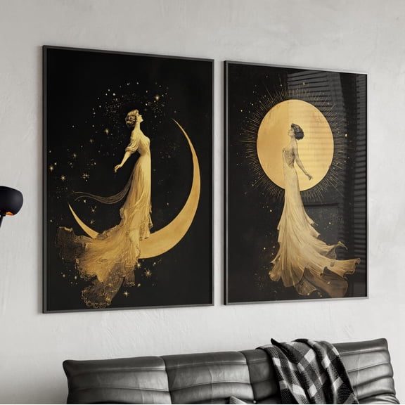 Celestial Sun and Moon Woman Wall Art Mystical Boho Decor Set 2 Unframed Paper Print 8x12
