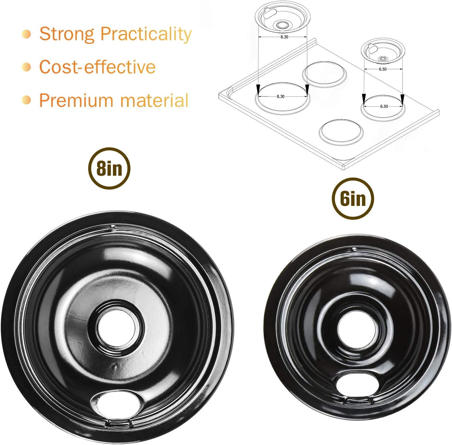 Black Porcelain Drip Pans Set 4-Pack 318067041 & 318067051 Replacement for Frigidaire Electric Range Stove Burner 5304430149, 5304430150 Includes 2 Large 2 Small (6 Inch and 8 Inch)