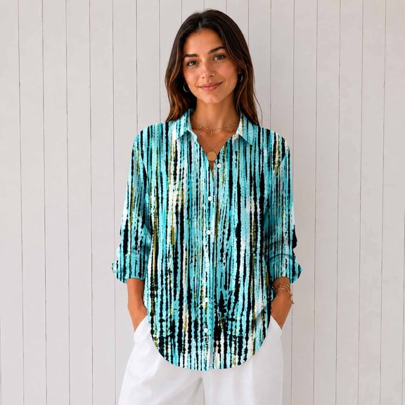 Women's Printed Button Down Long Sleeve Casual Tunic Shirt