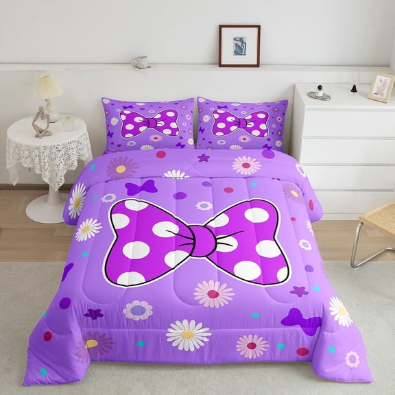 Purple Bowknot Comforter Set Twin Size,Star Daisy Floral Geometric Dots Patch Bedding Set,Women Room Decor,Bow Tie Princess Cute Down Comforter,Romantic Duvet Insert,1 Pillowcase