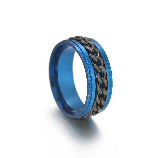 Anillo giratorio para hombre para aliviar la ansiedad - Acero inoxidable negro con incrustaciones de cadena de eslabones. Regalo de joyería. Tamaño: 52 mm de circunferencia. Diámetro: 16,5 mm.