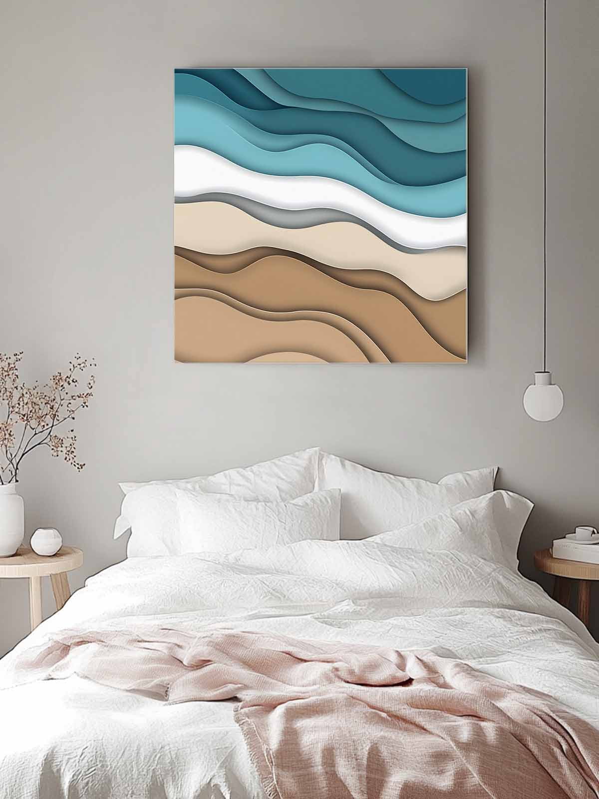 Turquoise Brown Ombre Canvas Wall Art, Turquoise Gradient Abstract Wave Geometric Framed Wall Decor Modern Artwork Prints Painting for Living Room, Bedroom, Kitchen & Cafe Decor 28x28 Inch