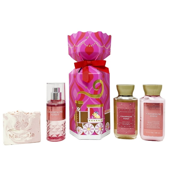 Bath & Body Works Champagne Toast - Mini Gift Set - Fine Fragrance Mist, Body Lotion and Body Wash With a Himalayan Salts Springs Sample Soap.