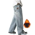 thumbnail image 2 of ZHOGXU Big Boys Denim Pants With Pocket Elastic Waist Plush Wide Leg Straight Fit Warm Comfortable Jeans For Daily Wear Light Blue 9-10 Years, 2 of 9