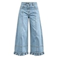 thumbnail image 4 of Hinvhai Womens Ruffle Wide Leg Jeans Cropped Elastic High Waisted Baggy Denim Pants Light Blue L(L), 4 of 7