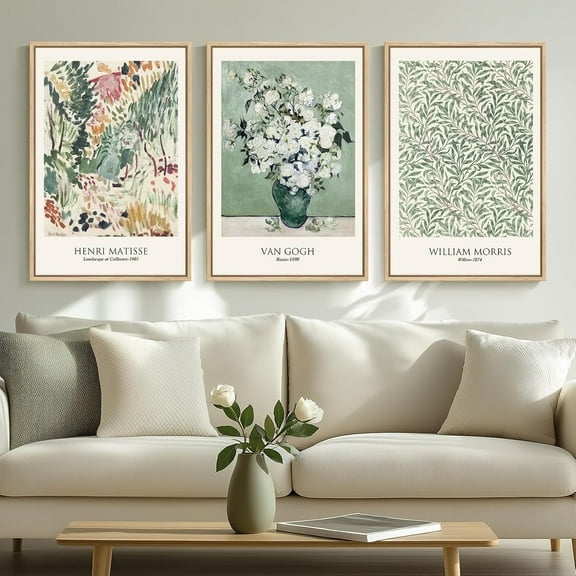 Framed Large Matisse Wall Art for Living Room, Set of 3 Vintage Sage Green Botanical Canvas Prints, Floral Plant Artwork for Bedroom, Hallway, or Home Office Decor, 24x36 Inch