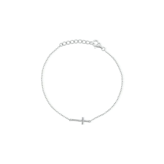 Mercie Bracelet Croix Horizontale en Argent Sterling Plaqué Rhodium, Bijoux Religieux Délicats pour Femmes