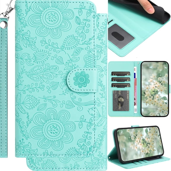 for Samsung Galaxy A16 (4G/5G) Leather Phone Case, Embossed Cartoon Flower Leaf Folio Flip Cover Kickstand, Floral Magnetic Buckle, Card Holder Cash Slot, Wrist Strap