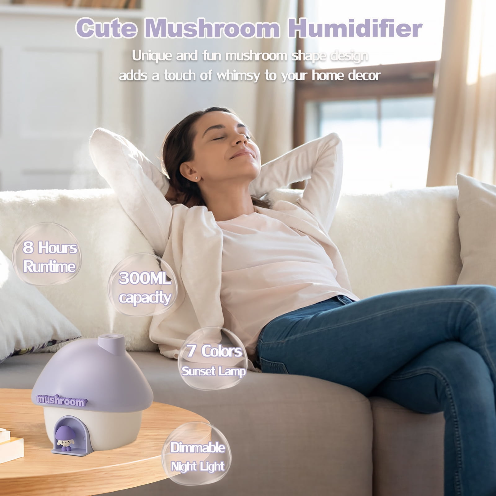 Humidifier for Bedroom, 300ML Cute Mushroom Humidifier with Night Light & 7 Colors Sunset Lamp Projection, Rechargeable Cool Mist Small Humidifier, Mini Humidifier Gifts for Kids Boys Girls