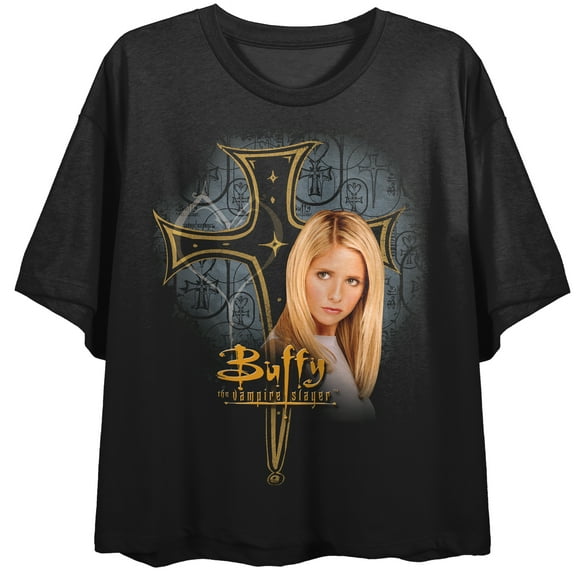 Buffy The Vampire Slayer Cross Art With Buffy Crew Neck Short Sleeve Women's Black Crop Top-Medium