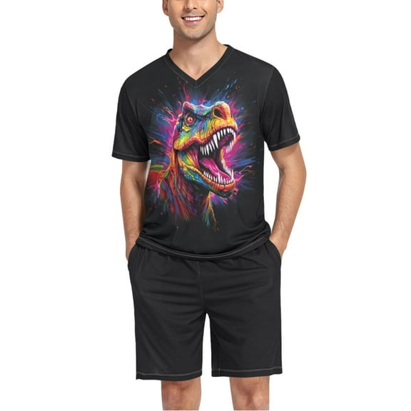 joogoo Men's Pajama Set Cool Dinosaur V-Neck Pj Shorts Set 2 Piece Loungewear Sleepwear L