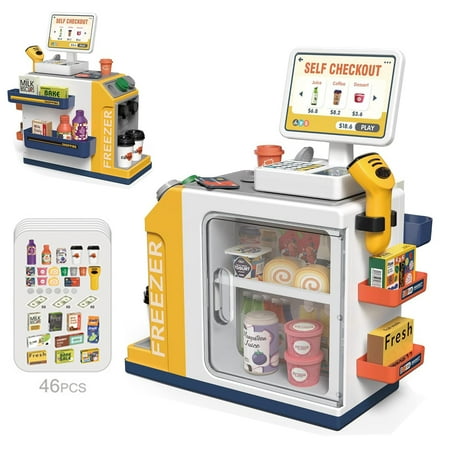 Richgv Upgraded Cash Register Playset Toy for 3 Years Old Kids, 46-Piece Pretend Play Money, Calculator, Scanner, Credit Cards, Play Food Toy Set for Toddlers Boys Girls, Yellow