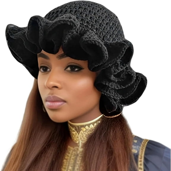 Women Crochet Bucket Hat Cute Winter Ruffled Brim Floppy Cap Handmade Knit Cloche Hats