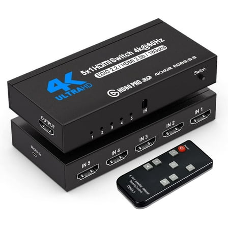 HDMI Switch with Remote 5 Port 4K 60Hz, AUBEAMTO 5 in 1 Out HDMI Switcher Hub Selector Box Supports Ultra HD Dolby Vision, High Speed (Max to 18.5Gbps), HDR10, HDMI 2.0 HDCP 2.2 & 3D