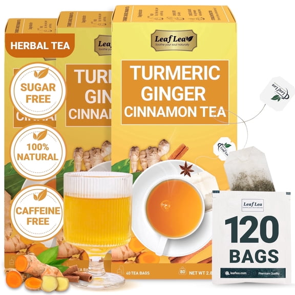 LeafLea Turmeric Ginger Cinnamon Tea Bags, 100% Natural & Pure Ginger Turmeric, Caffeine-Free, Sugar-Free, 120 Tea Bags